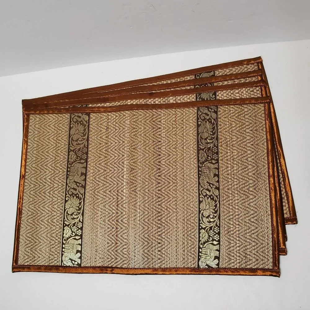 Silk Trim Reed Placemat Coaster Set, Set of 12, Bronze Elephant Boho Table Mats